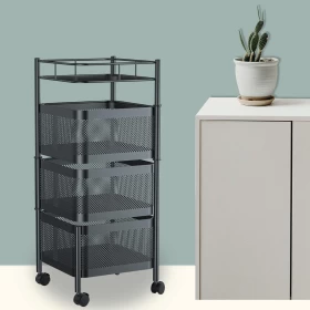 Metal 3-Layer Kitchen Rotating Trolley | Portable Storage Organizer – Black
