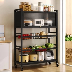 3-Tier Trolley Organizer with Baskets & Cabinet