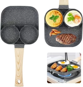 4-Hole Omelet Pan  Non-Stick with Wooden Handle (Black)