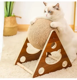 Pet Cat Toy Solid Wood Cat Scratching Ball Durable Sisal Rope Ball Climbing