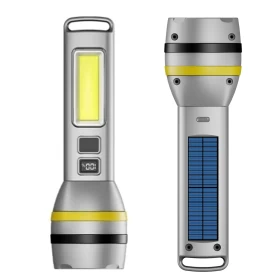 Powerful Rechargeable LED Flashlight with Adjustable Focus, Digital Battery Indicator & Solar/USB Charging