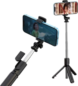 Portable Extendable Stainless Steel Phone Tripod with Removable Wireless Remote Control and Stand