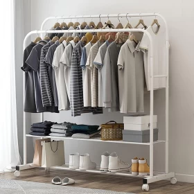 Portable Rolling Clothing Coat Organizer Rack with Bottom Rack