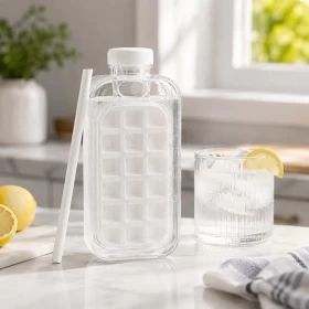 Portable Ice Cube Bottle With Straw And Tray For Travel