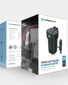 Powerology 150W Cup Holder Power Inverter with Fast Charging