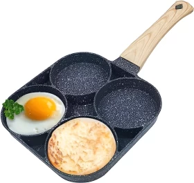 4-Hole Omelet Pan  Non-Stick with Wooden Handle (Black)